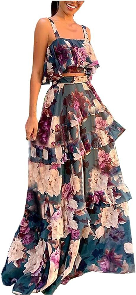Two Piece Dress for Women Floral Printed Sexy Summer Strap Crop Tops and Maxi Skirt Sets Two Piece L | Amazon (US)