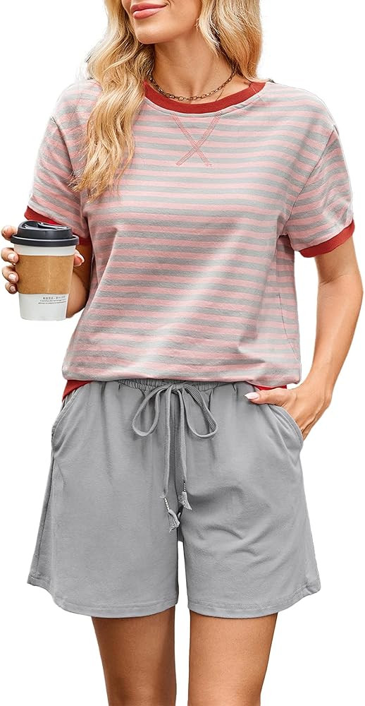 Women's Cozy 2 Piece Outfits Lounge Sets Striped Color Block Short Sleeve Tops Shorts Sweats Trac... | Amazon (US)