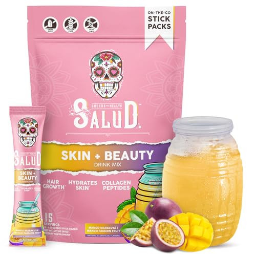 Salud 2-in-1 Skin + Beauty Drink Mix Packets, Mango & Passion Fruit, Collagen Peptides with Verisol, Hyaluronic Acid, Vitamin C, Biotin + Lustriva, Hydration Sticks, Gluten Free, (15 Servings) | Amazon (US)
