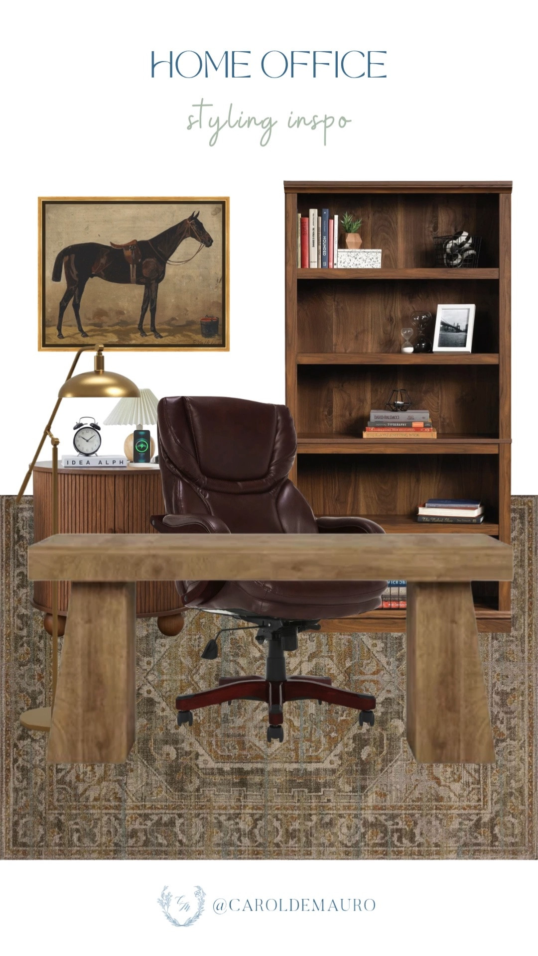 home office, styling idea, vintage look, classic aesthetic, dark wood, wall art, office table, leather office chair, fluted table, floor lamp, wooden bookcase, table lamp, brass lamp, persian print rug

#LTKHome