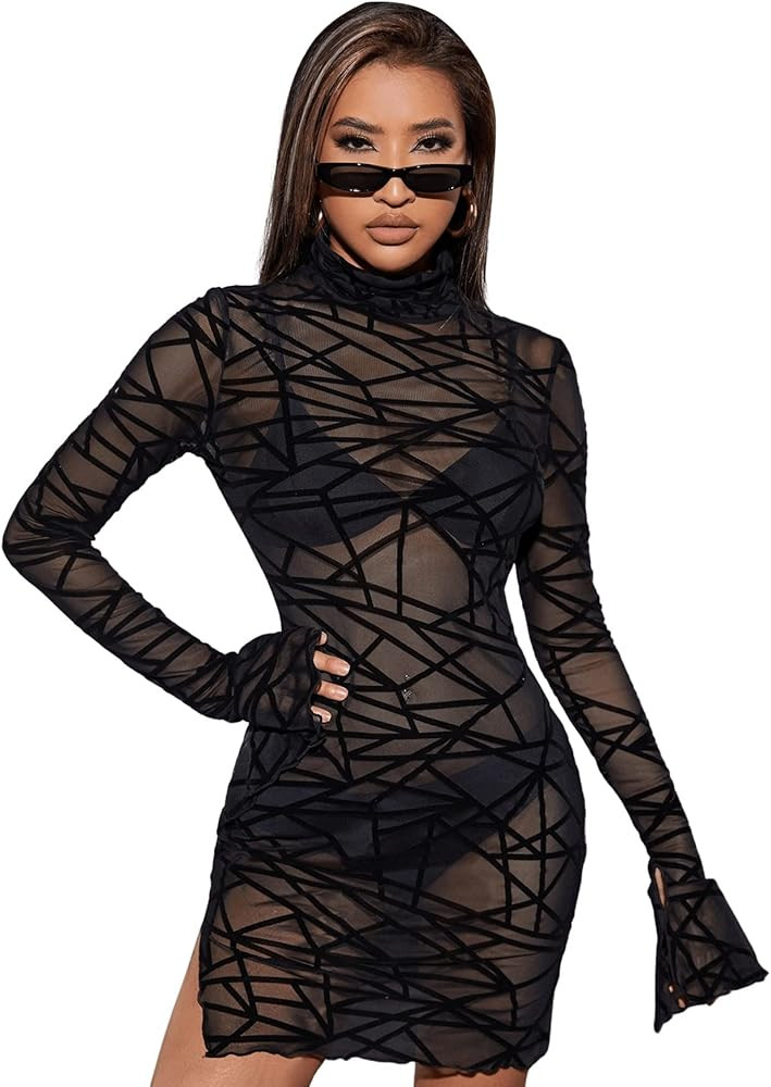 SweatyRocks Women's See Through Mesh Long Sleeve Mock Neck Dress Bodycon Dress | Amazon (US)