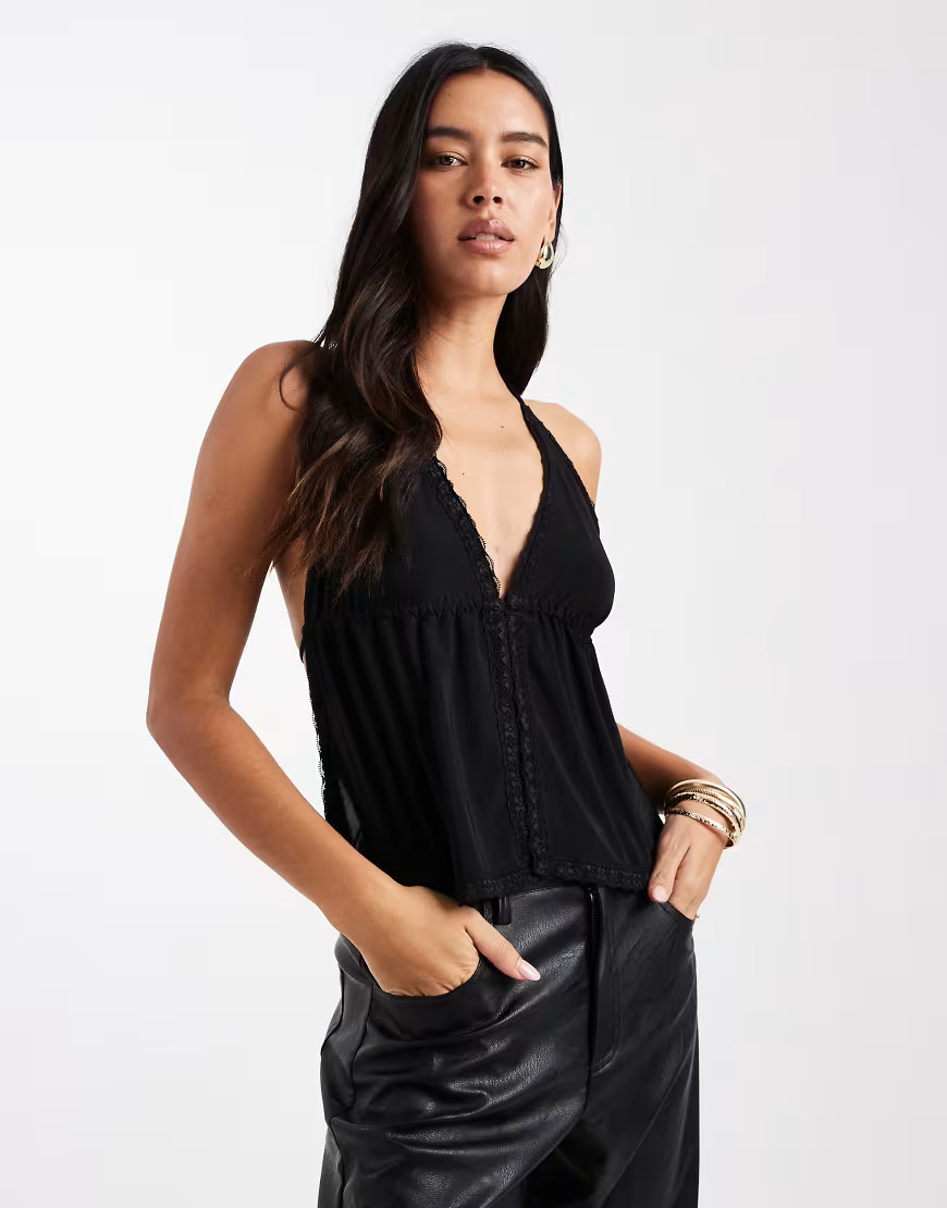 COLLUSION backless ruched front strappy top with lace trim black-Brown | ASOS (Global)