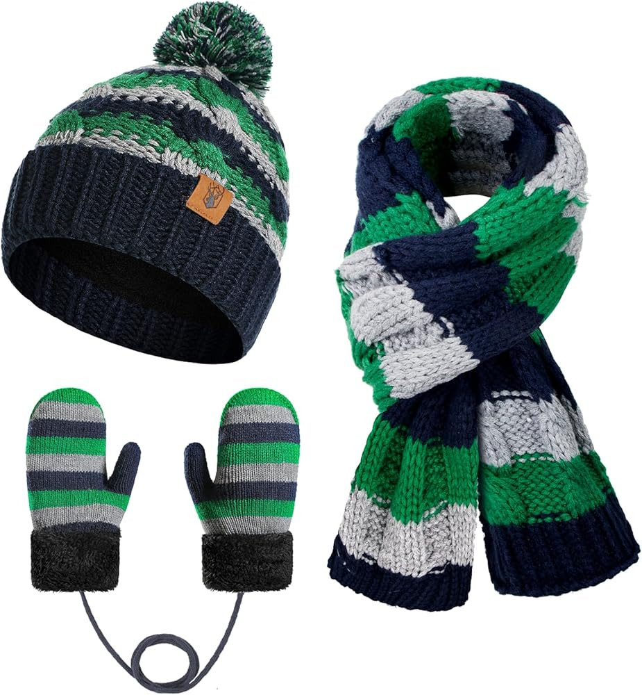Kids Winter Pompom Beanie Hat Scarf Gloves Set for Boys&Girls Age 3-8, Fleece Lined Skull Cap Nec... | Amazon (US)