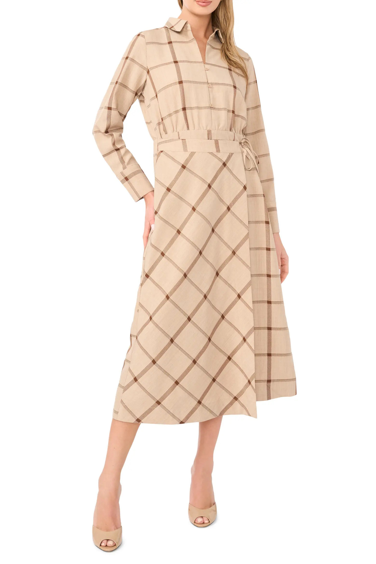 Windowpane Plaid Long Sleeve Wrap Skirt Shirtdress (Women) | Nordstrom | Nordstrom