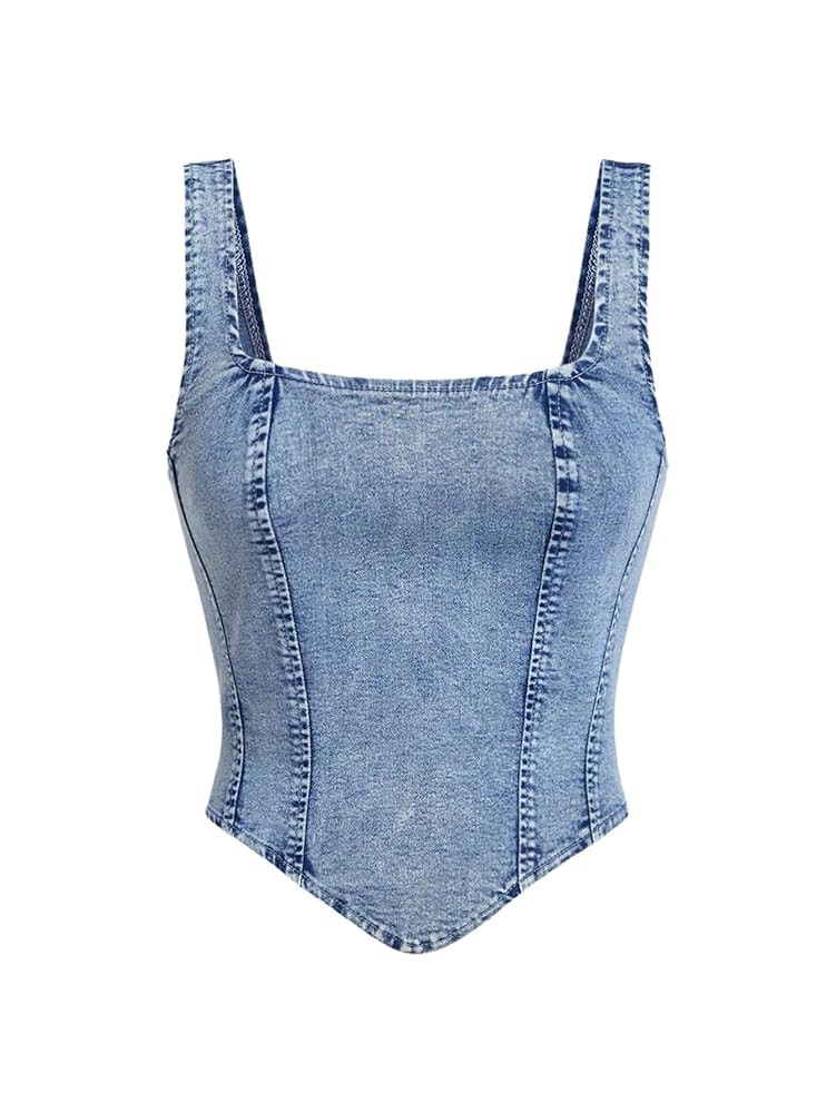 WDIRARA Women's Denim Corset Tank Top Asymmetrical Hem Crop Tops Sleeveless Zip Up Back Tanks | Amazon (US)