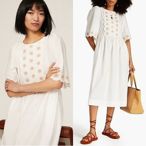 SEE BY CHLOE Floral Eyelet Embroidered Puff Short Sleeve Scalloped Midi Dress 6 | Poshmark