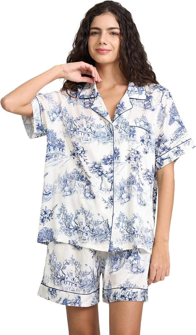 Womens Silk Satin Shorts Pajamas Set Button Down 2 Piece Pjs Short Sleeve Oversized Sleepwear wit... | Amazon (US)
