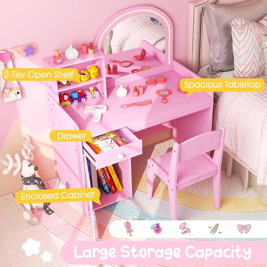 Costzon Kids Vanity, Girls Vanity Set with Mirror and Stool and Lights, Makeup Vanity Desk with L... | Amazon (US)