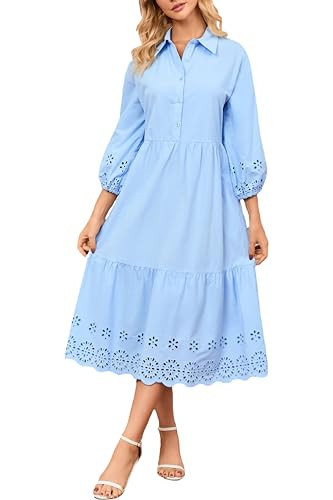 Ladyful Embroidered Eyelet Cotton Dress for Women Maxi 3/4 Sleeve Button Down Hollowed Out Flowy Midi Shirt Dress Light Blue | Amazon (US)