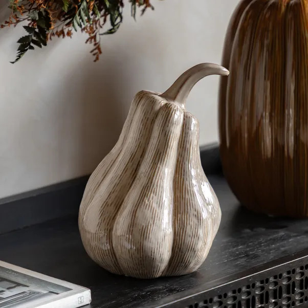 Cedar & Sage Chestnut & White Ceramic Pumpkin Ornament | Dunelm