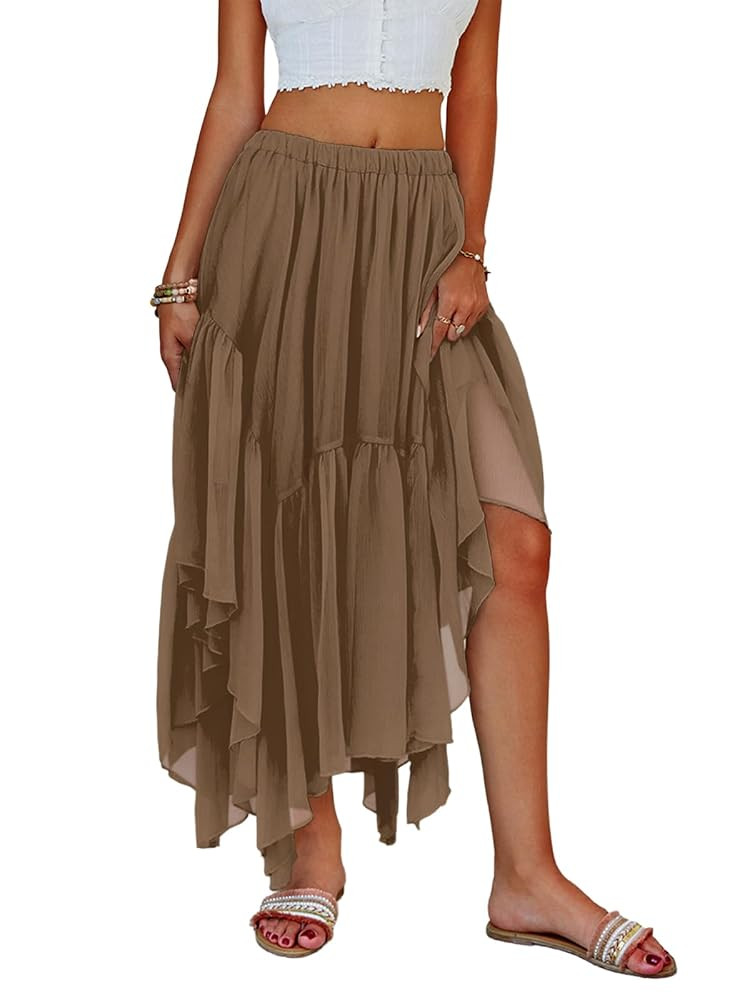 Fisoew Womens Summer Boho Maxi Skirt Casual Asymmetric High-Low Hem Flowy Bohemia Long Skirt | Amazon (US)