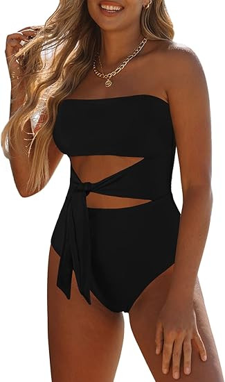 Viottiset Women's Bandeau One Piece Swimsuit Strapless Tie High Cut Out Bathing Suit | Amazon (US)