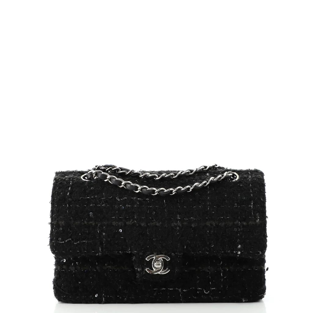 Chanel Vintage Classic Double Flap Bag Quilted Tweed with Sequins Medium Black 14360512 | Rebag