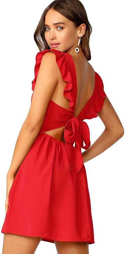 Romwe Women's Cute Tie Back Ruffle Strap A Line Fit and Flare Flowy Short Dress | Amazon (US)