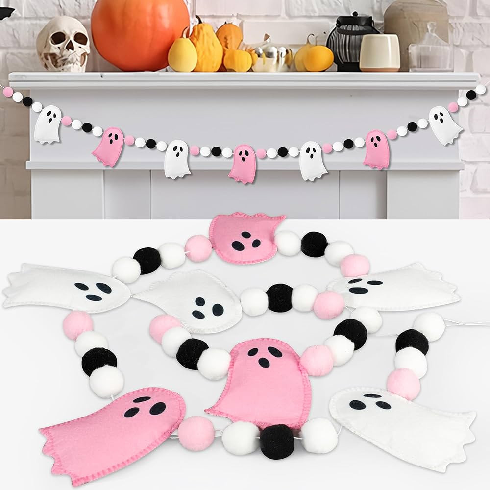 8.2 Ft Halloween Ghost Felt Banner Cute 3D Ghost Ball Garland Pre-Strung Pink White Felt Ghosts B... | Amazon (US)