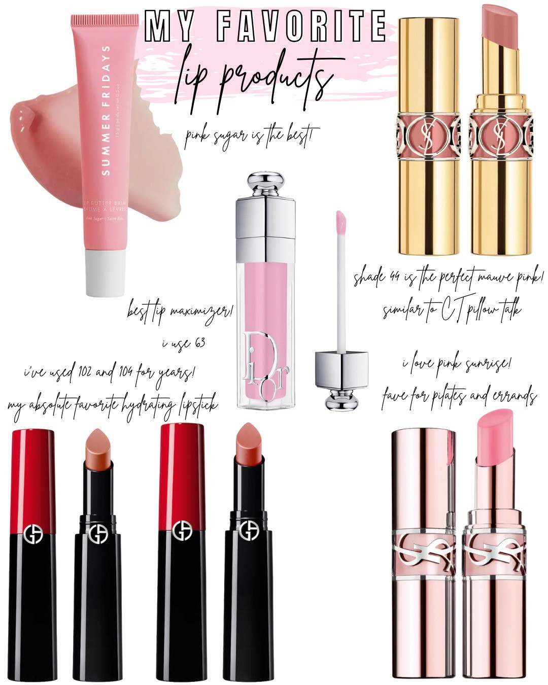 My favorite lipstick, lip balm and lipgloss! My tried and true rotation! I’ve been using the Armani for years and years and have gone through these 2 colors many times. The YSL color looks similar to Charlotte tilbury pillow talk but is way more hydrating and smooth! 

#LTKFindsUnder50 #LTKSeasonal #LTKBeauty