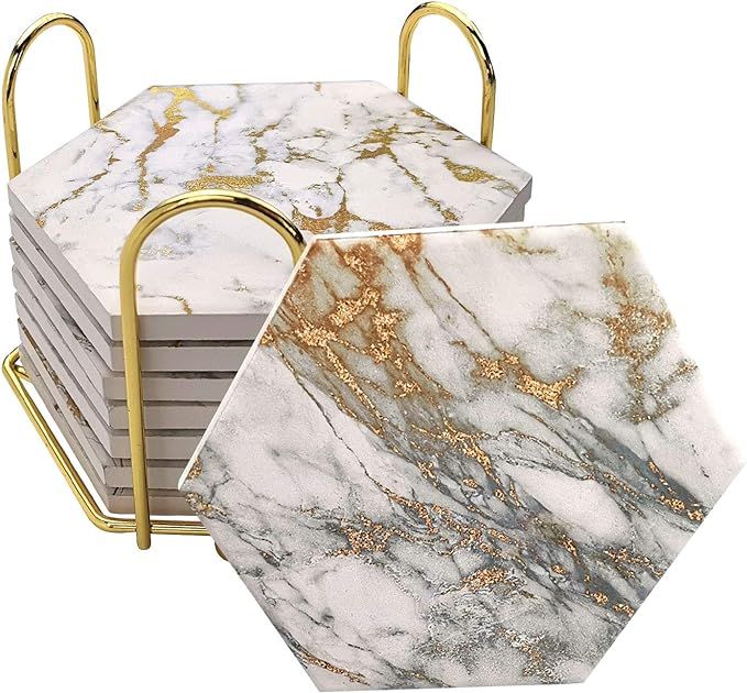 8 Pcs Drink Coasters with Metal Holder Stand, Marble Design Ceramic Coaster Set, Cork Base, for T... | Amazon (US)