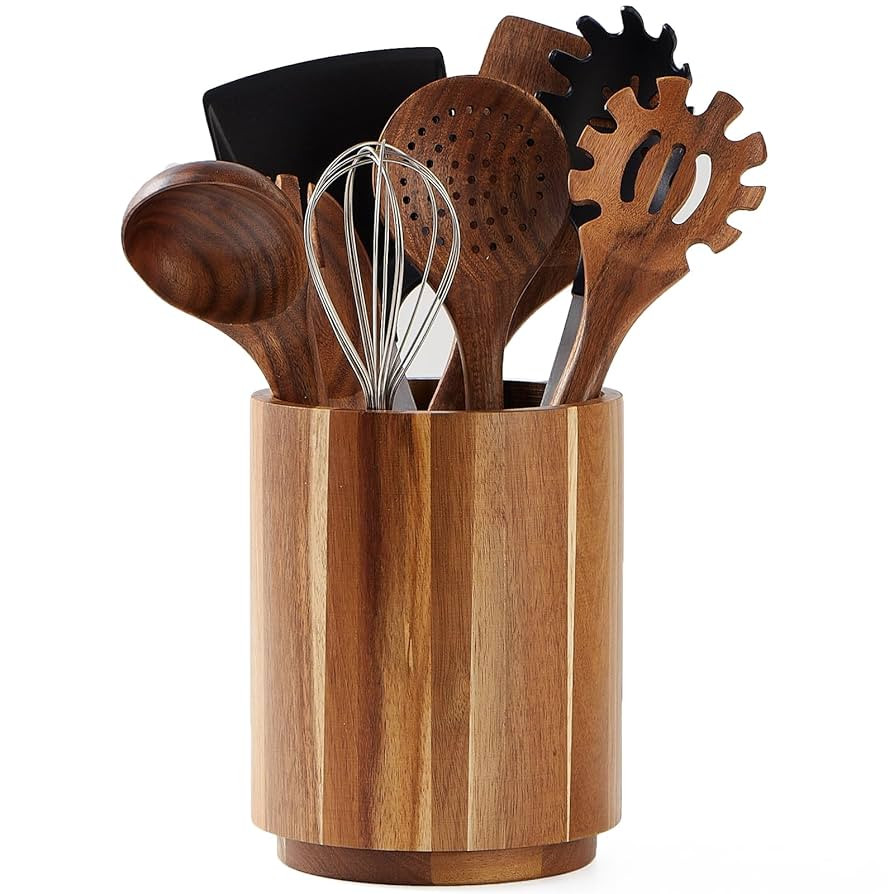 Acacia Wood Utensil Holder for Kitchen Counter, 360° Rotating 7.2" Wooden Cooking Utensil Crock ... | Amazon (US)