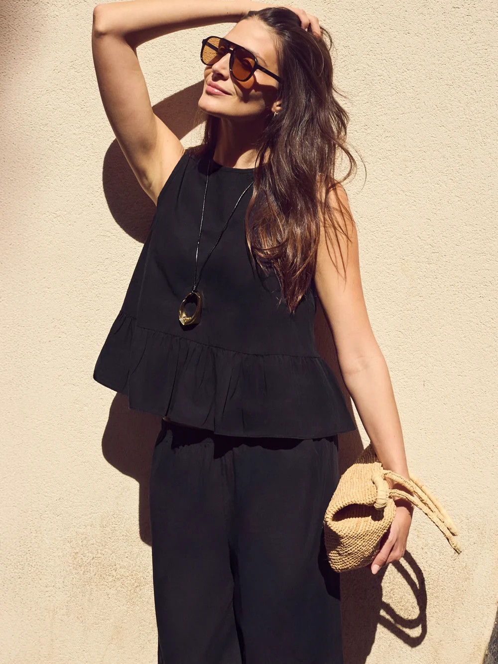 Black Cotton Peplum Top | Ro&Zo
