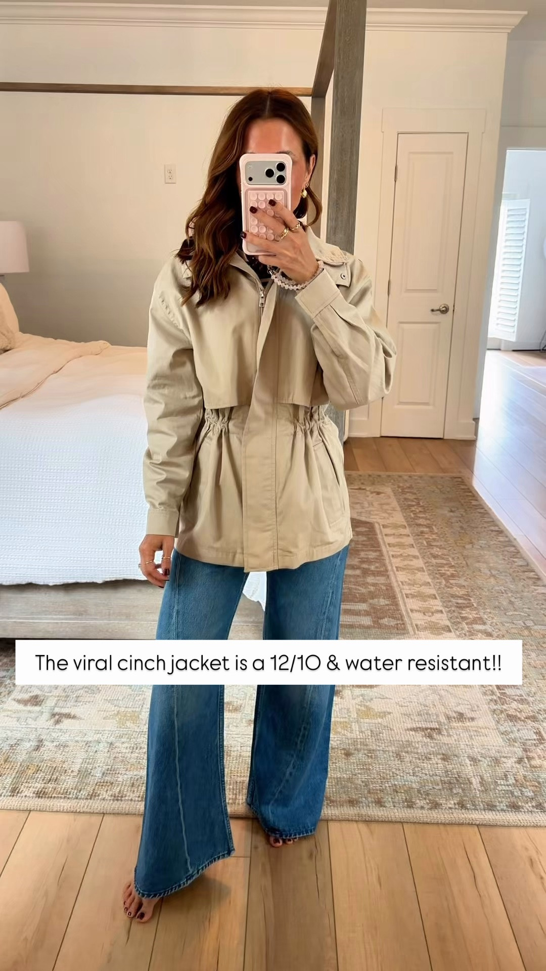 Expensive stuff that’s unfortunately 1000% worth it! Aritzia Cinch Jacket - City Twill in marcona beige, size 2XS. Water-resistant and warm up to 32 degrees! Easy to layer underneath! Fall outfits. Fall style. Elevated casual outfit. Fall jackets. Travel outfit. Size 24 petite in jeans. 

#LTKootd #LTKgrwm #LTKTravel