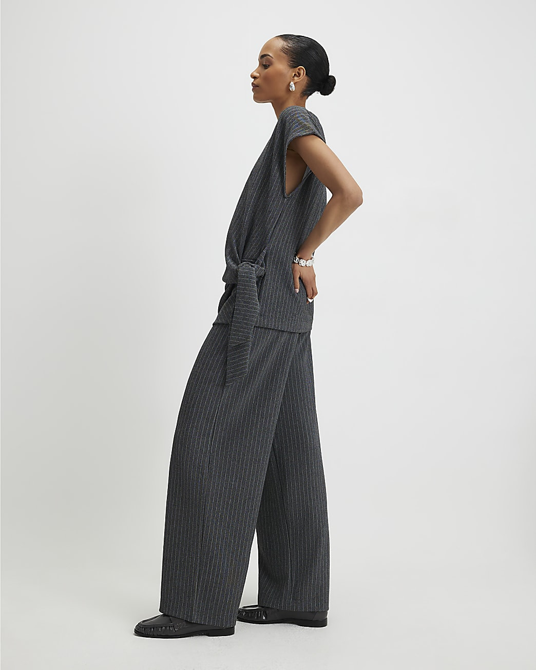 Grey Pinstripe Drawstring Wide Leg Trousers | River Island UK & IE