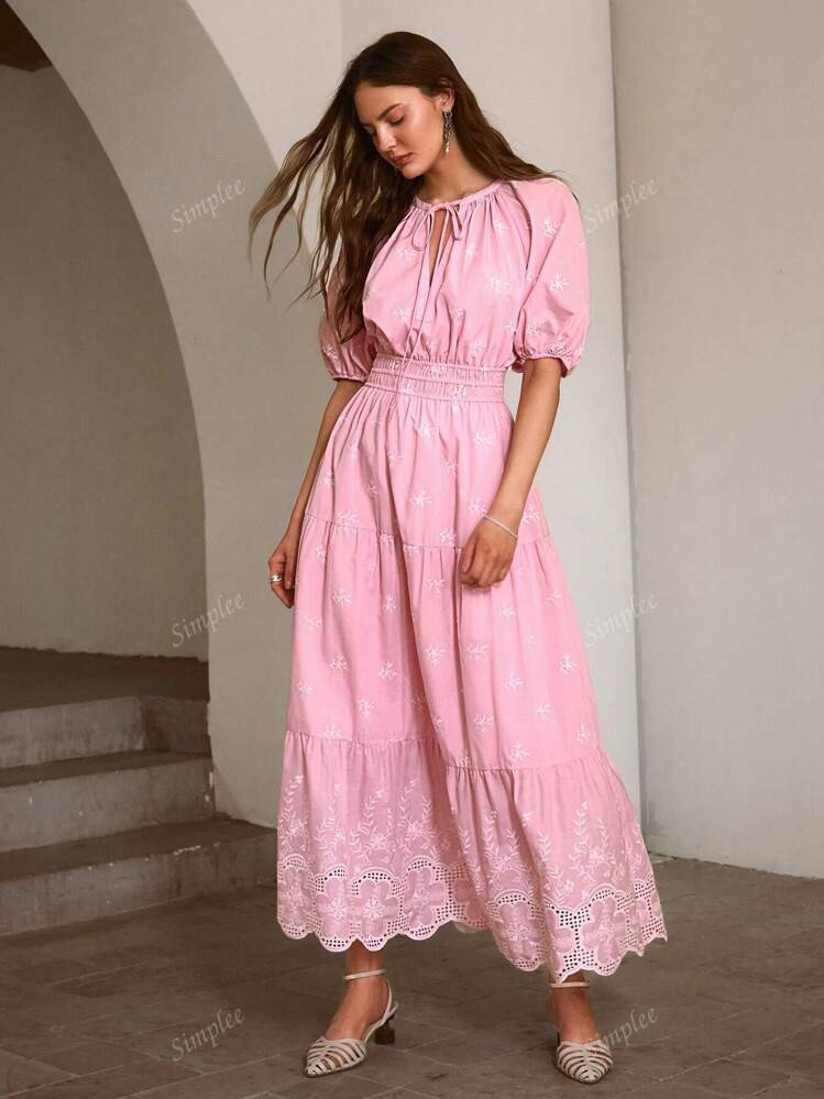 Simplee Women's Spring Embroidered Lantern Sleeve Tie-Up Long Dress | SHEIN