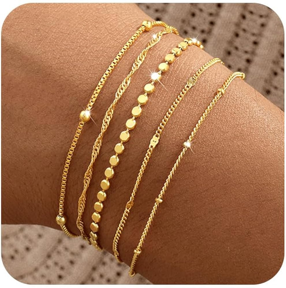 Gold Bracelets for Women, 14K Gold Plated Stackable Bracelet Stack Set Adjustable Charm Paperclip... | Amazon (US)