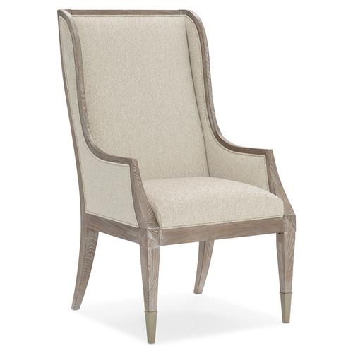 Caracole Open Arms French Beige Performance Upholstered Wood Dining Arm Chair | Kathy Kuo Home