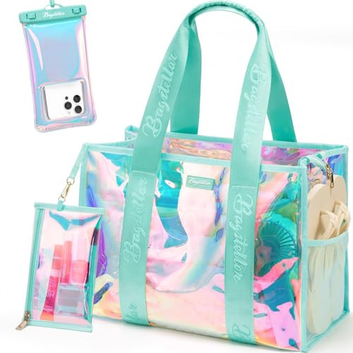 Bagstellar Beach Bags for Women, 3 PCS Large Iridescent Clear Beach Tote Bag with Zipper, Makeup Bag & Waterproof Phone Pouch Case, Sandproof Crossbody Swim Pool Bag Summer Vacation Travel Essentials | Amazon (US)