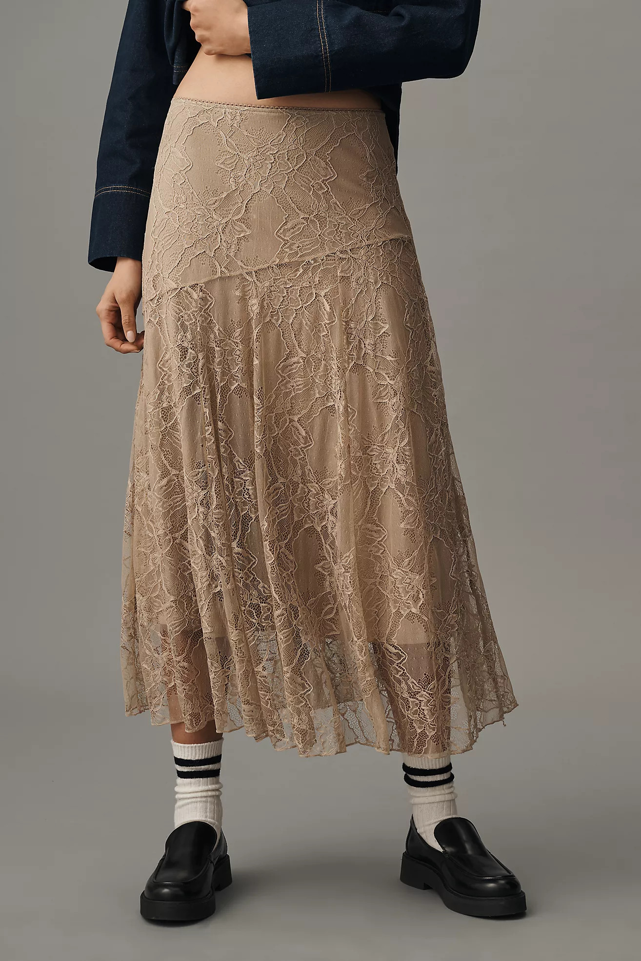 By Anthropologie Asymmetric Drop-Waist Lace Midi Skirt | Anthropologie (US)