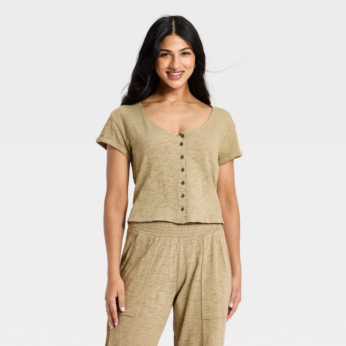 Women's Short Sleeve Button-Front Scoop Neck T-Shirt - Universal Thread\u2122 Green XL | Target