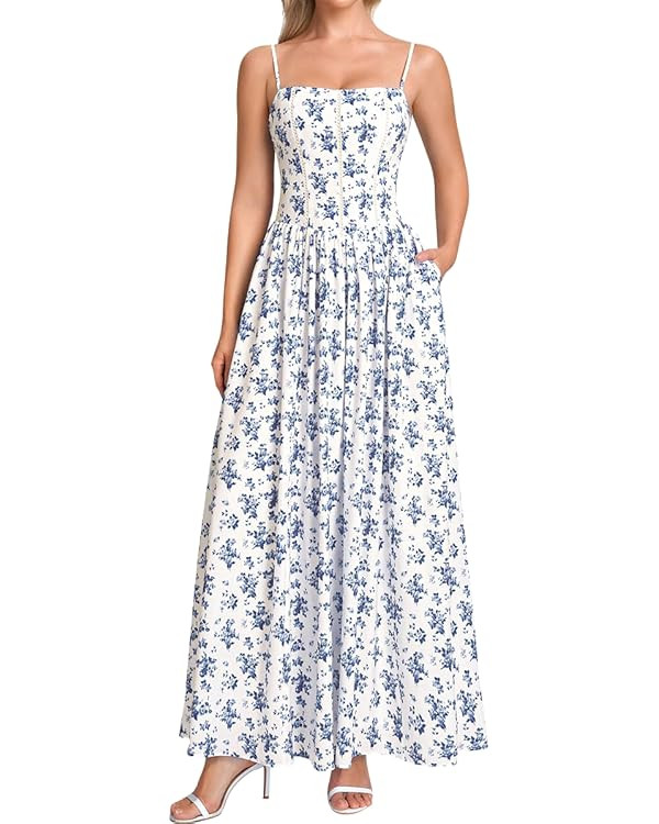 Women Floral Corset Maxi Dress Spaghetti Strap Lace Up Flowy A Line Wedding Guest Long Dress with... | Amazon (US)