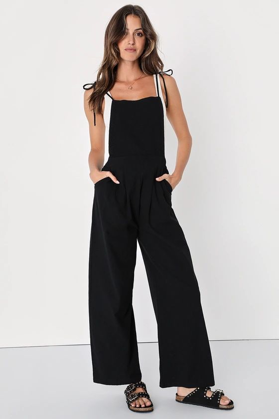 What a Wonderful Day Black Tie-Strap Overall Jumpsuit | Lulus