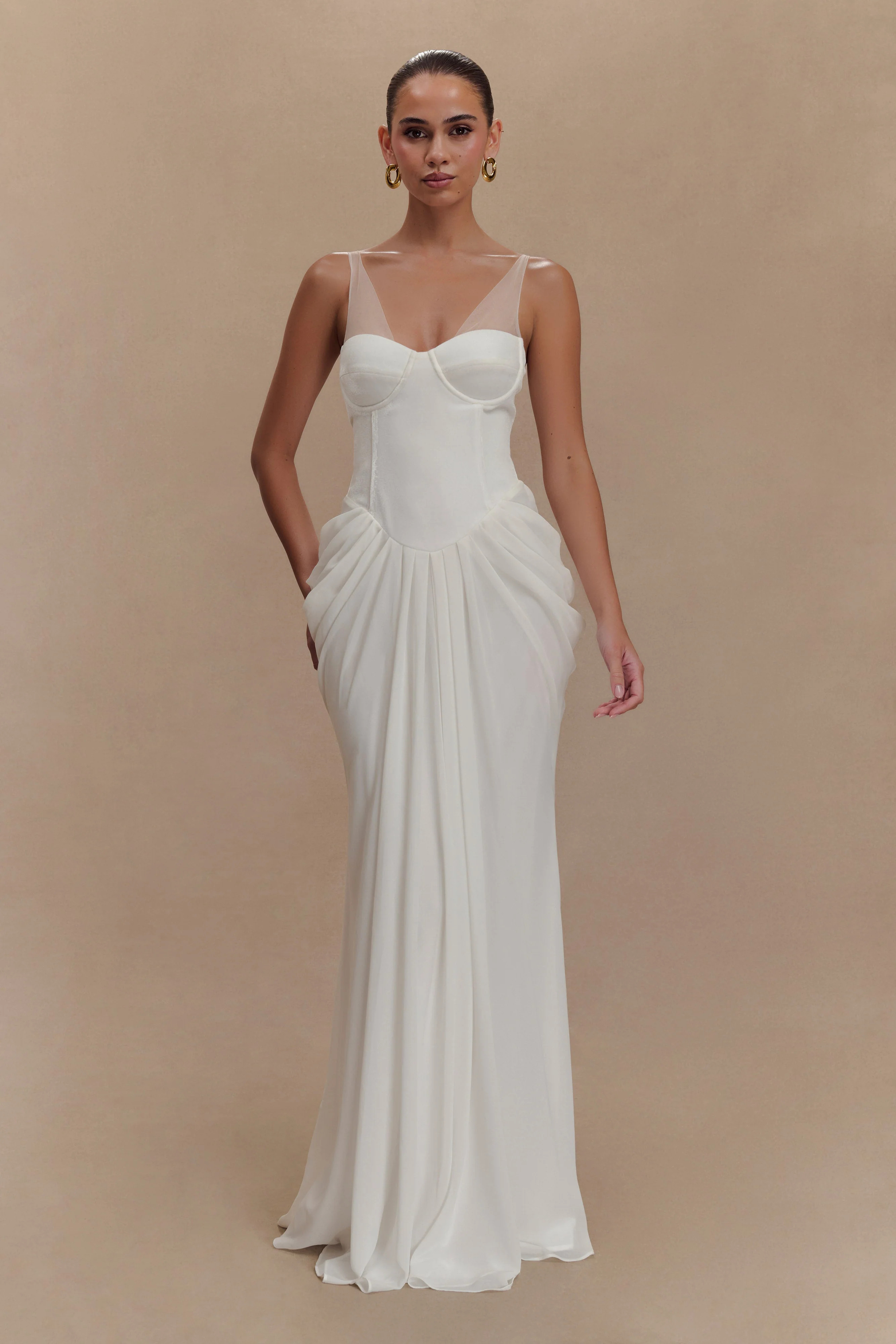 Roxanne Velvet Corset Maxi Dress - White | MESHKI US