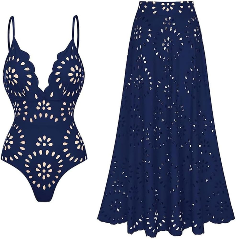 FLAXMAKER Women's One Piece Bathing Suit Petal Hollow V Neck Swimsuit and Skirt | Amazon (US)