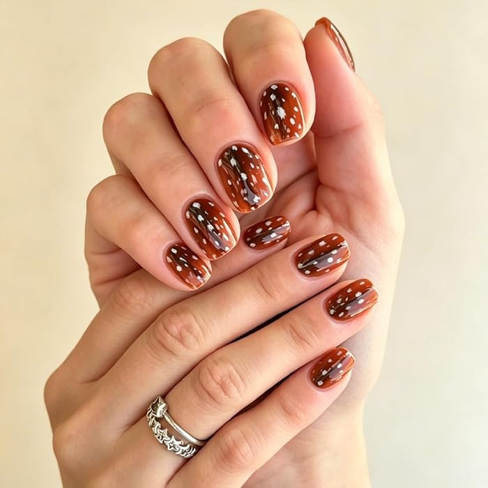 Fall Press on Nails Short Square Brown Fake Nails with Deer Print Design Glossy Full Cover fawn p... | Amazon (US)