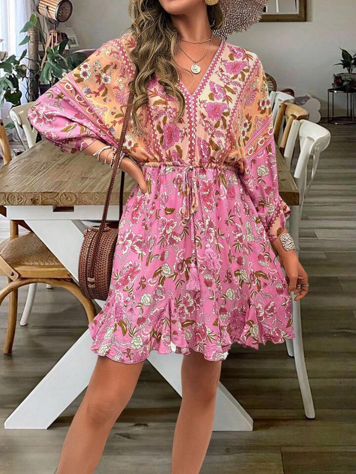 SHEIN VCAY Women's Floral Printed Drawstring Waist Dress | SHEIN USA | SHEIN