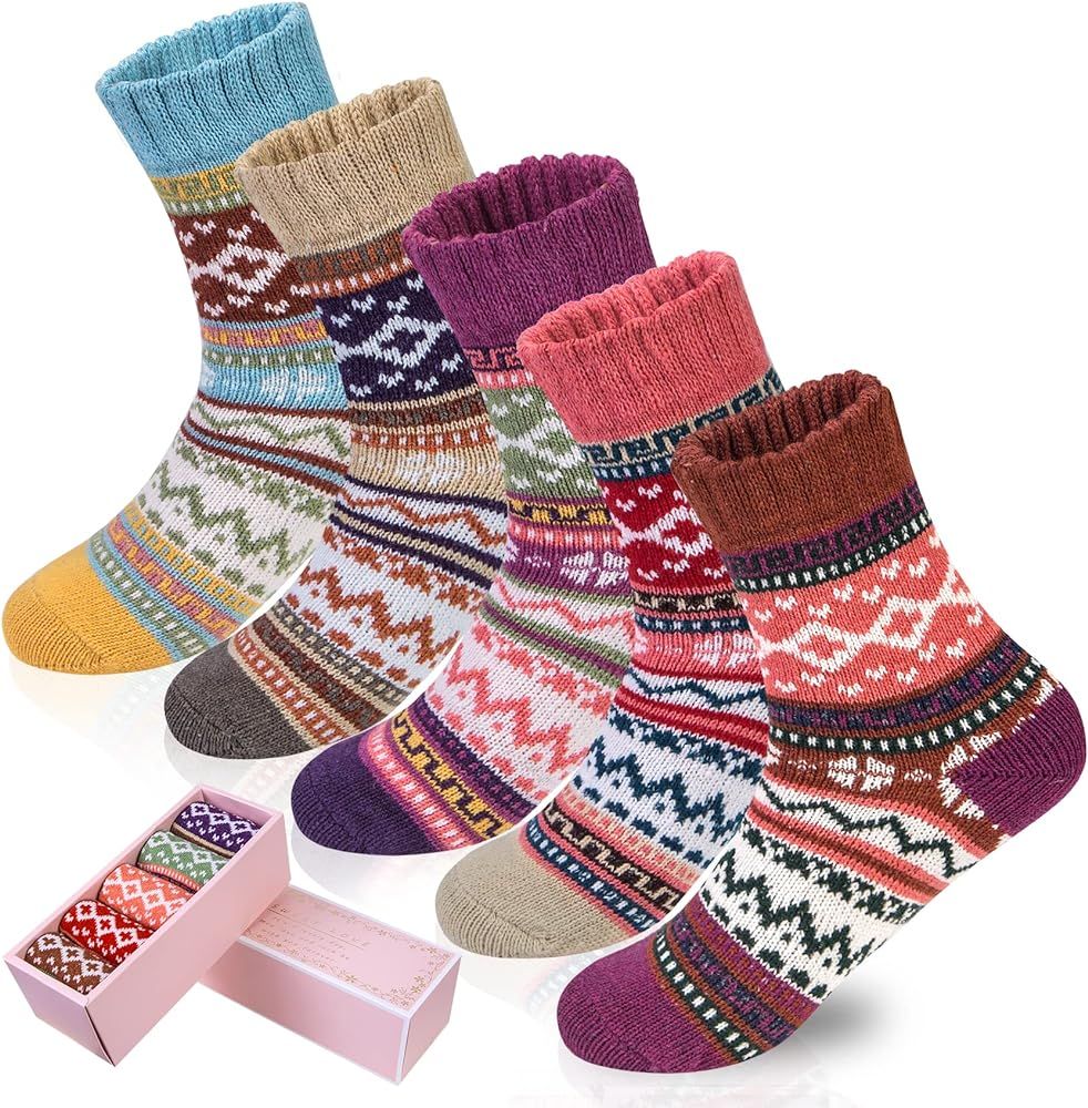 5 Pairs Merino Wool Socks for Women Thick Knit Warm Winter Cozy Boot Socks Gifts | Amazon (US)