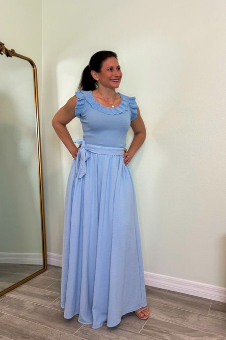 Seasonal color ice blue, sky blue, outfit. Petite friendly wide leg pants. I’m 4’10” and need my comfy Amazon The Drop 3 inch heels. 

Wearing size S-M in both pants and blouse.

I'm 4'10" and 115#; bust 32B, waist 26, hips 36

#LTKSeasonal #LTKStyleTip #LTKOver40