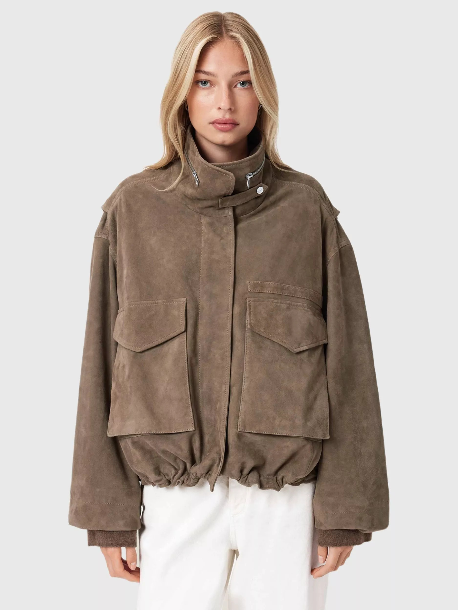 AllSaints Funnel Neck Suede Jacket, Brown | John Lewis (UK)