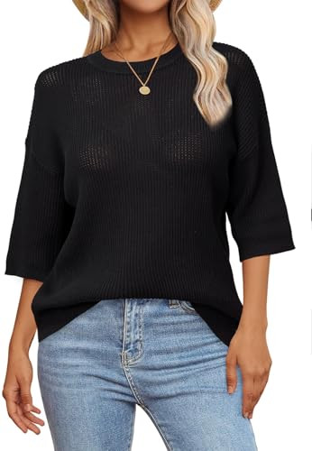 Arach&Cloz Womens Summer 100% Cotton Relaxed Fit Crochet Tops 3/4 Length Sleeve Sweater Hollow Ou... | Amazon (US)