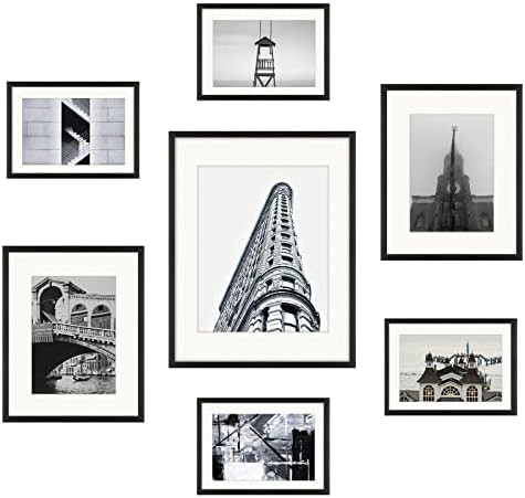 Frametory, 7 Piece Aluminum Wall Frame with Ivory Color Mat Set - Four 5x7 - Two 8x10 - One 11x14... | Amazon (US)