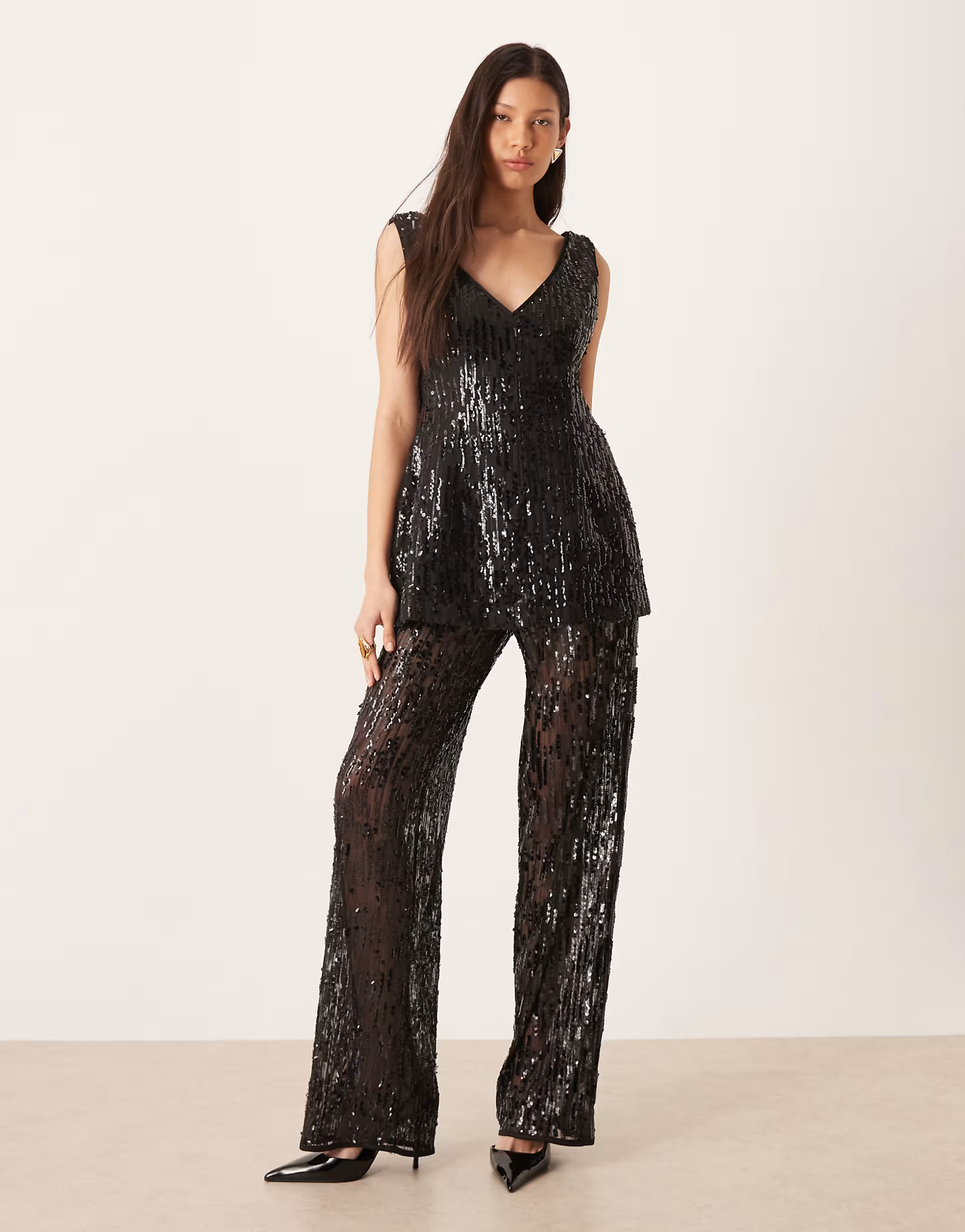 ASOS DESIGN tailored wide leg sheer sequined pants in black - part of a set | ASOS (Global)