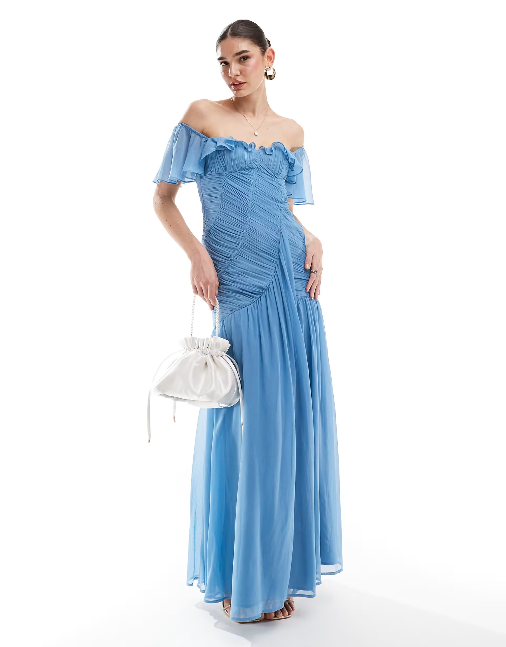 ASOS DESIGN frill bardot ruched maxi dress in blue | ASOS (Global)