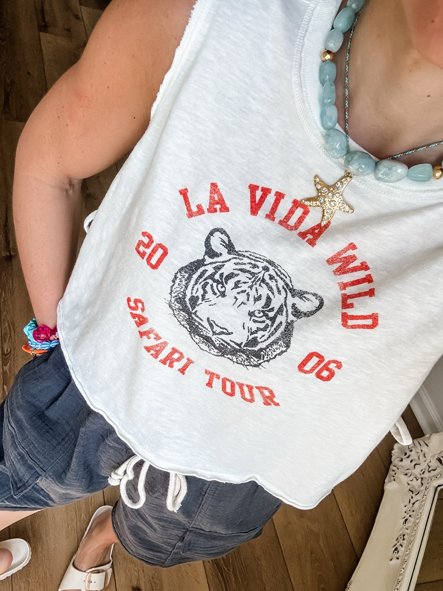 Necklaces code, Tammy20. Small graphic tank top. Small shorts.

#LTKOver40 #LTKSaleAlert