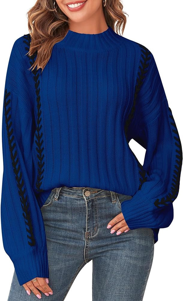 ZAFUL Women Winter Sweater Crewneck Long Lantern Sleeves Oversized Knit Sweater Badge Pullover Ri... | Amazon (US)