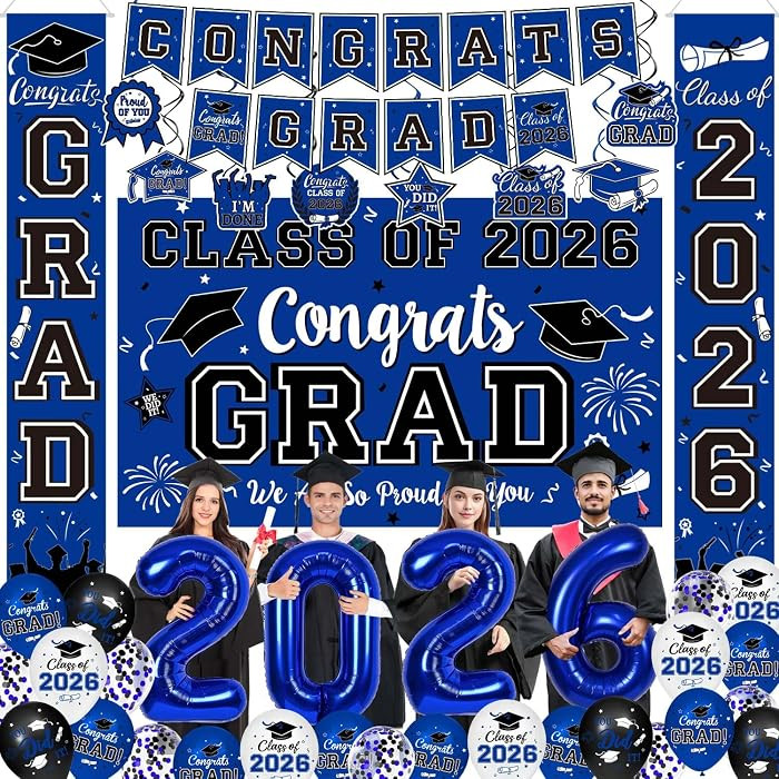 Graduation Decorations Class of 2026 - Blue Themed Graduation Supplies Include Grad Backdrop, Ban... | Amazon (US)