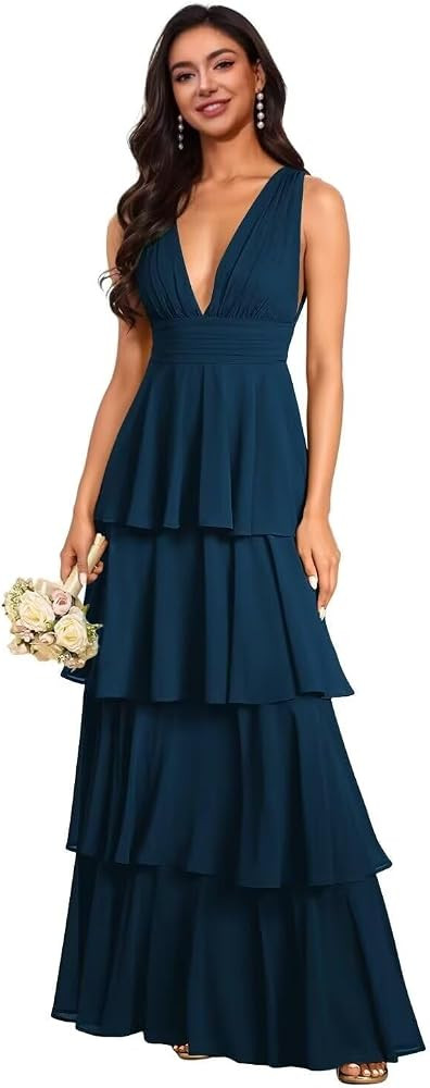 Bridesmaid Dress Wedding Guest Dress, A Line, V Neck, Ruffle Tiered | Amazon (US)