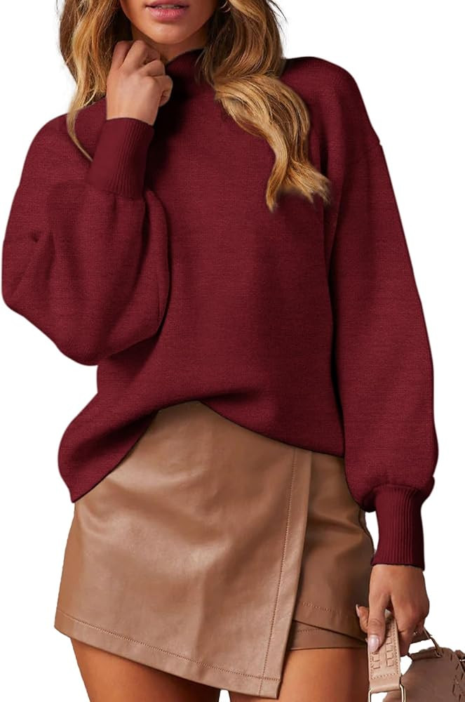 WEACZZY Women's Casual Mock Neck Long Lantern Sleeve Sweaters 2024 Fall Oversized Ribbed Knit Pul... | Amazon (US)