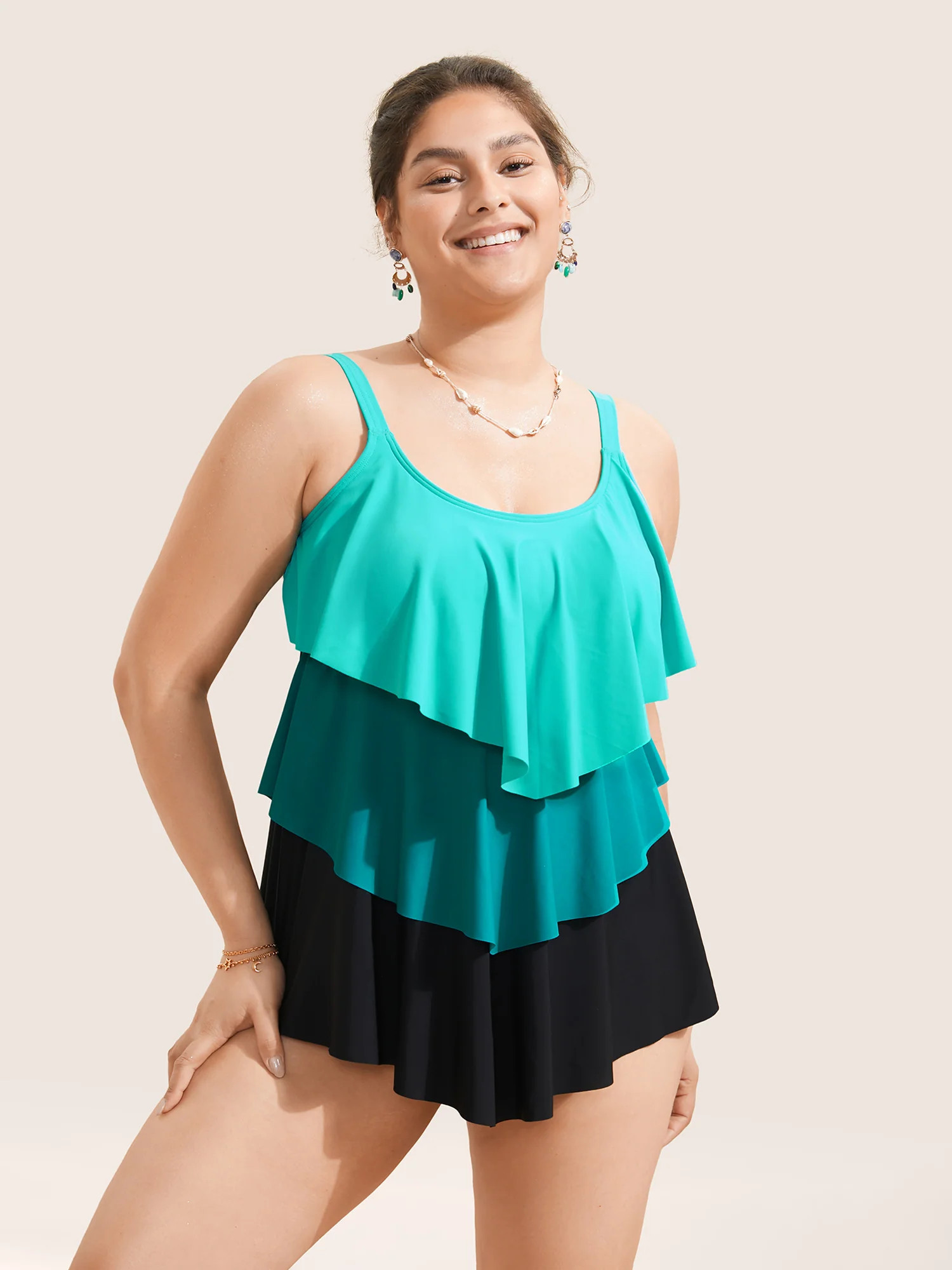 Colorblock Contrast Ruffle Layered Hem Tankini Top | Bloomchic